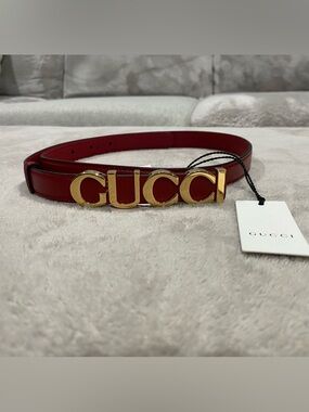 Gucci Burgundy Leather Belt with Gold GUCCI Logo Buckle